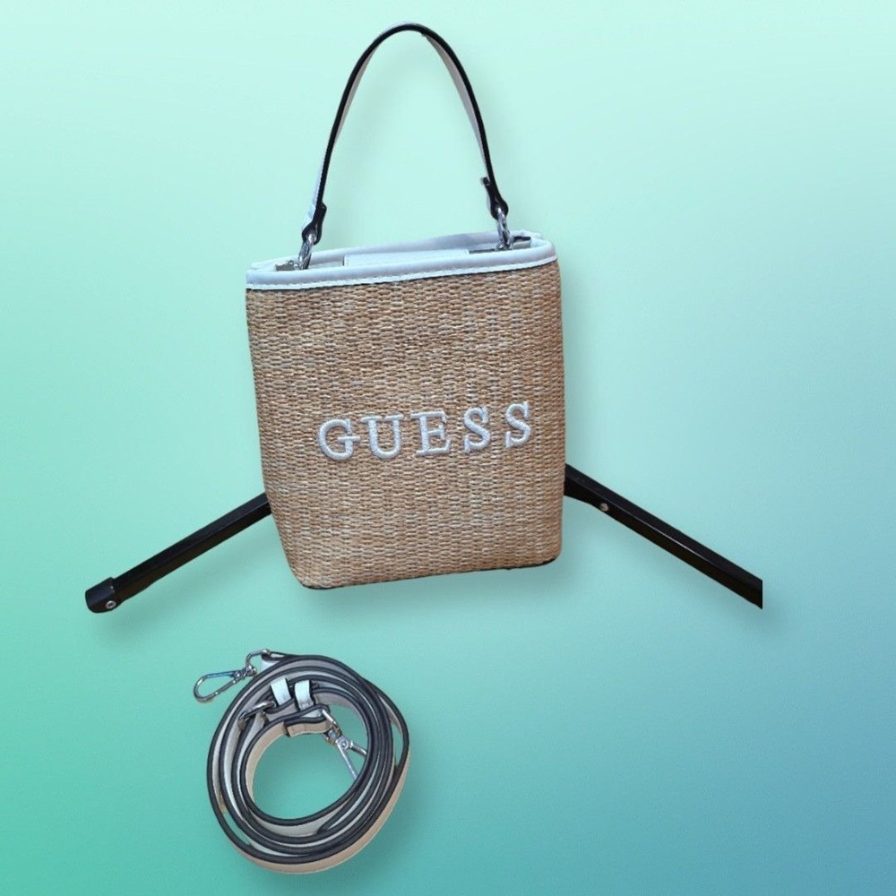 GUESS Straw Bucket Bag White Trim Woven Crossbody Shoulder Handbag